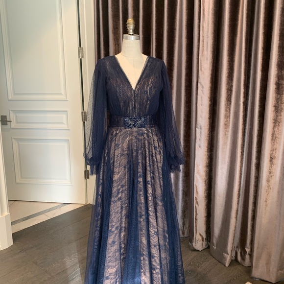 Terani CoutureDeep V-neck Double Layered Lace GownTerani Couture